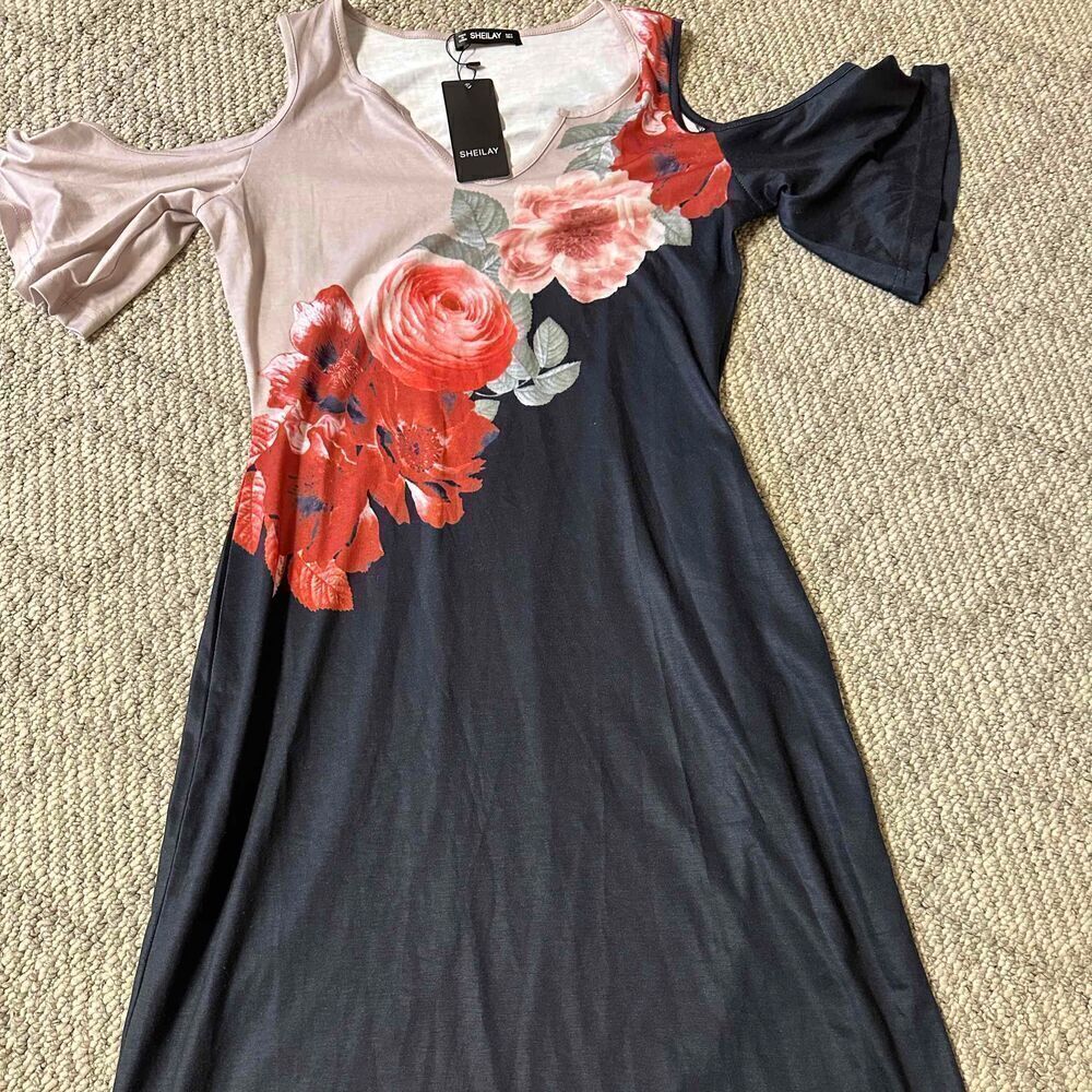 NWT SHEILAY Floral Cold Shoulder Short Sleeve Dress Womens Size S